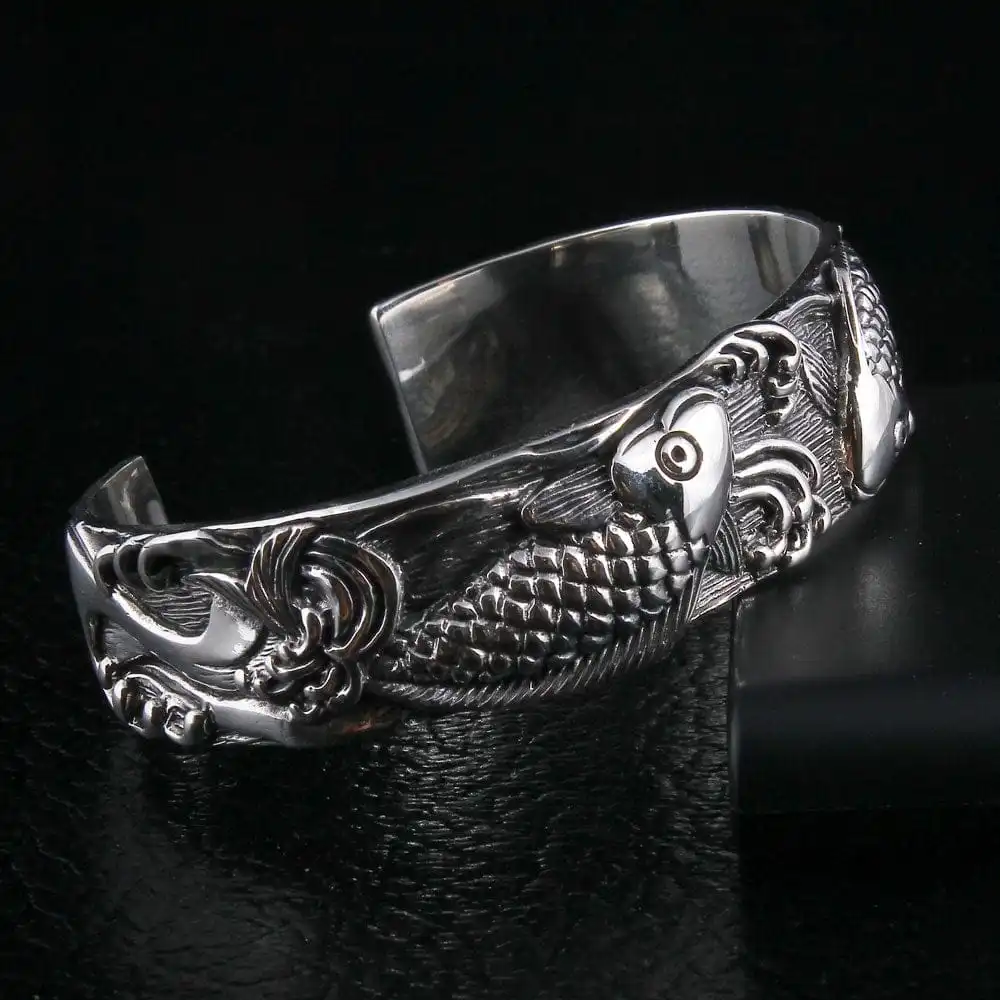 Bikerringshop Sterling Silver Koi Bangle Cuff Bracelet 4 Bikerringshop Sterling Silver Koi Bangle Cuff Bracelet - Image 2