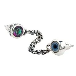 Bikerringshop Sterling Silver Double Chain Linked Punk Style Evil Eye Piercing Stud Earring -Outlet Rings Store chain punk piercing stud gothic earrings 2