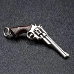 Bikerringshop Sterling Silver Wood Cowboy Gun Revolver Pendant