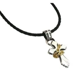 Bikerringshop Yellow Gold & Silver Cross Leather Cords Pendant Mens Necklaces