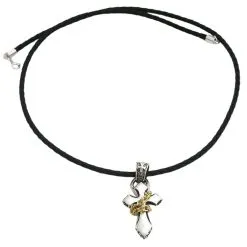 Bikerringshop Yellow Gold & Silver Cross Leather Cords Pendant Mens Necklaces -Outlet Rings Store cross leather cords 4