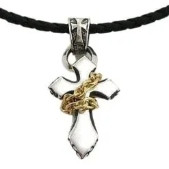Bikerringshop Yellow Gold & Silver Cross Leather Cords Pendant Mens Necklaces -Outlet Rings Store cross leather cords 5
