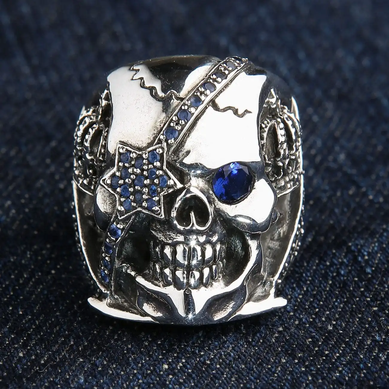 Bikerringshop Sterling Silver Sapphire Crown Pirate Skull Rings 5 Bikerringshop Sterling Silver Sapphire Crown Pirate Skull Rings - Image 3