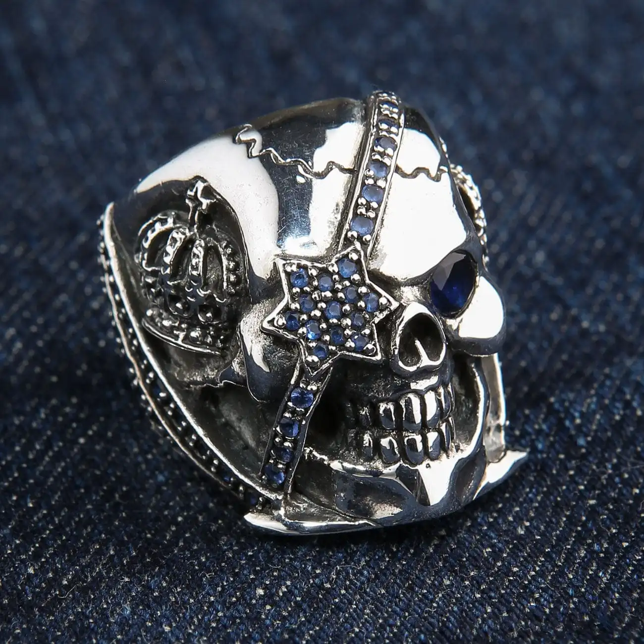 Bikerringshop Sterling Silver Sapphire Crown Pirate Skull Rings 7 Bikerringshop Sterling Silver Sapphire Crown Pirate Skull Rings - Image 5