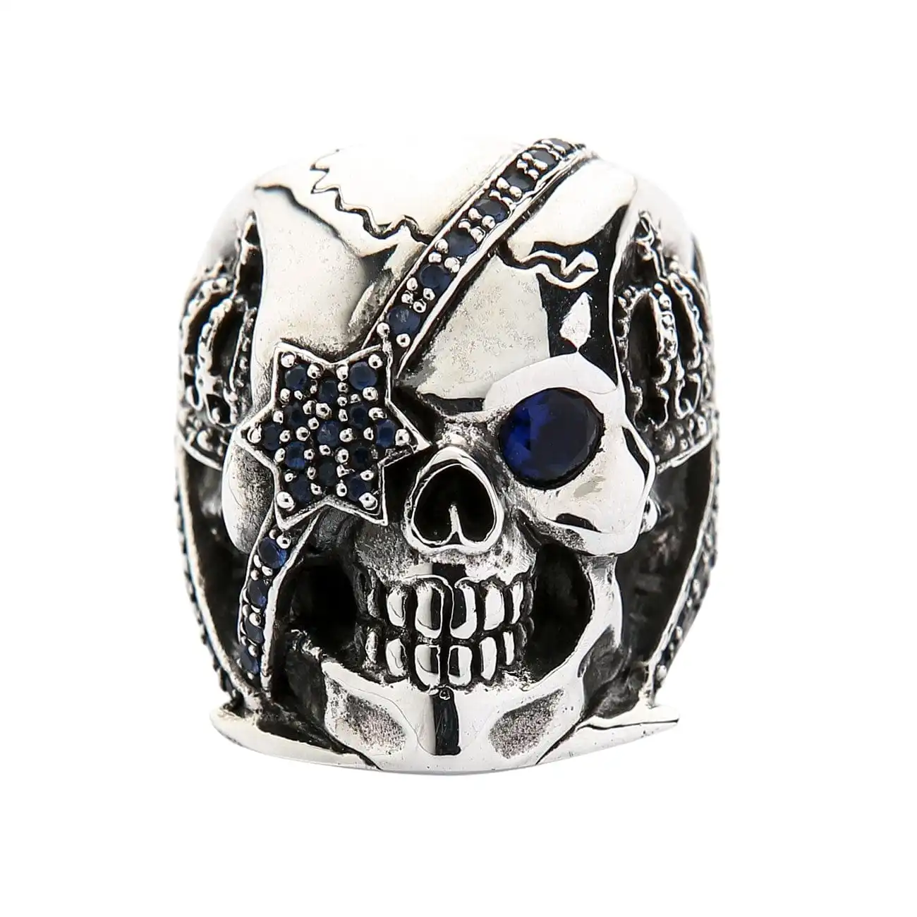 Bikerringshop Sterling Silver Sapphire Crown Pirate Skull Rings 3 Bikerringshop Sterling Silver Sapphire Crown Pirate Skull Rings