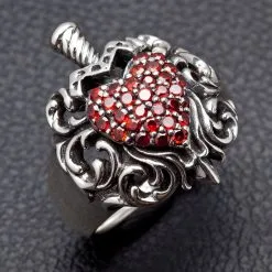 Bikerringshop Sterling Silver Gothic Red Heart Dagger Rings -Outlet Rings Store dagger heart ring 2