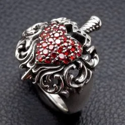 Bikerringshop Sterling Silver Gothic Red Heart Dagger Rings -Outlet Rings Store dagger heart ring 3