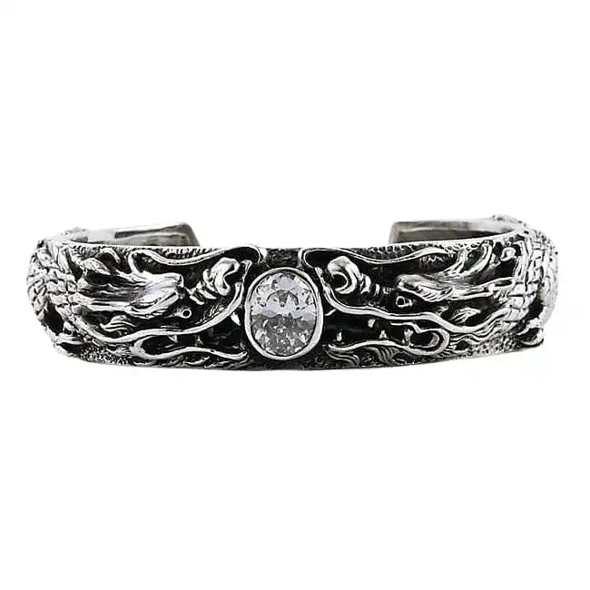 Bikerringshop Diamond Silver Dragon Biker Cuff Bracelet 3 Bikerringshop Diamond Silver Dragon Biker Cuff Bracelet