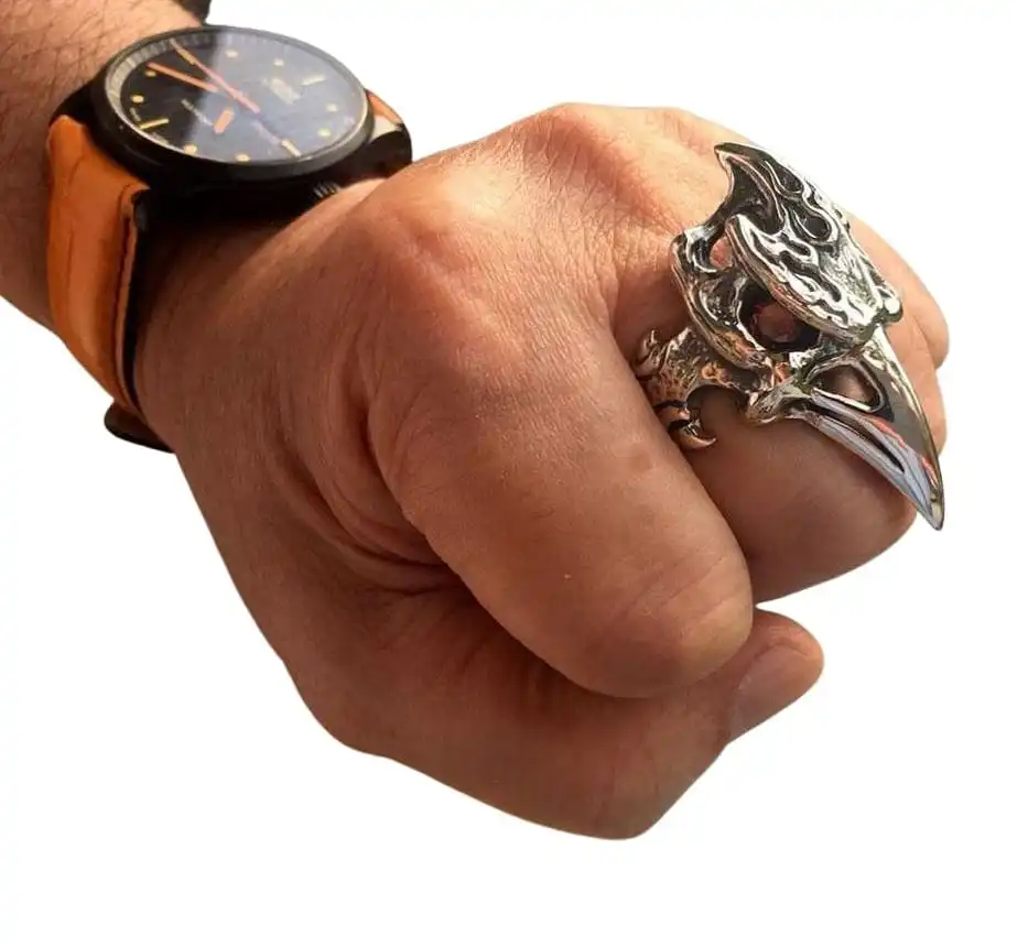 Bikerringshop Sterling Silver Dinosaur Hornbill Skull Head Ring 4 Bikerringshop Sterling Silver Dinosaur Hornbill Skull Head Ring - Image 2