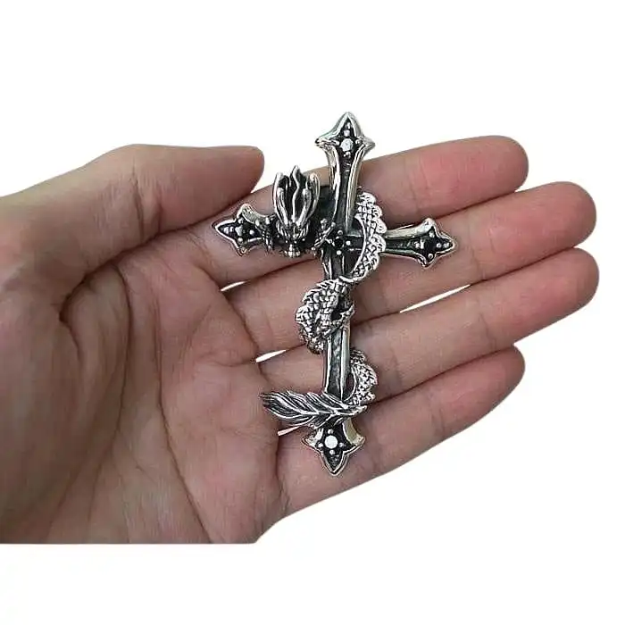 Bikerringshop Sterling Silver Dragon Cross Pendant 4 Bikerringshop Sterling Silver Dragon Cross Pendant - Image 2
