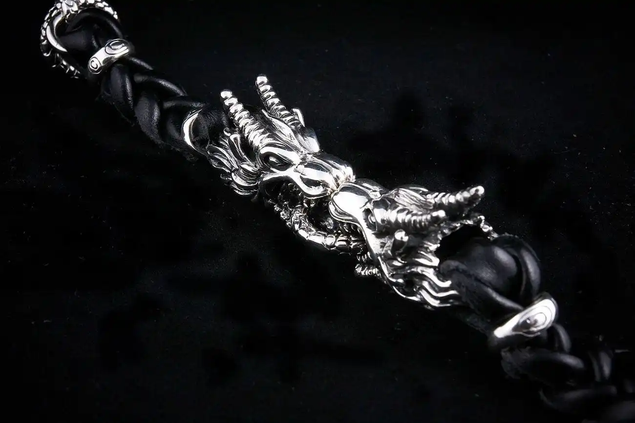 Bikerringshop Dragon Genuine Leather Mens Chain Bracelet 5 Bikerringshop Dragon Genuine Leather Mens Chain Bracelet - Image 3