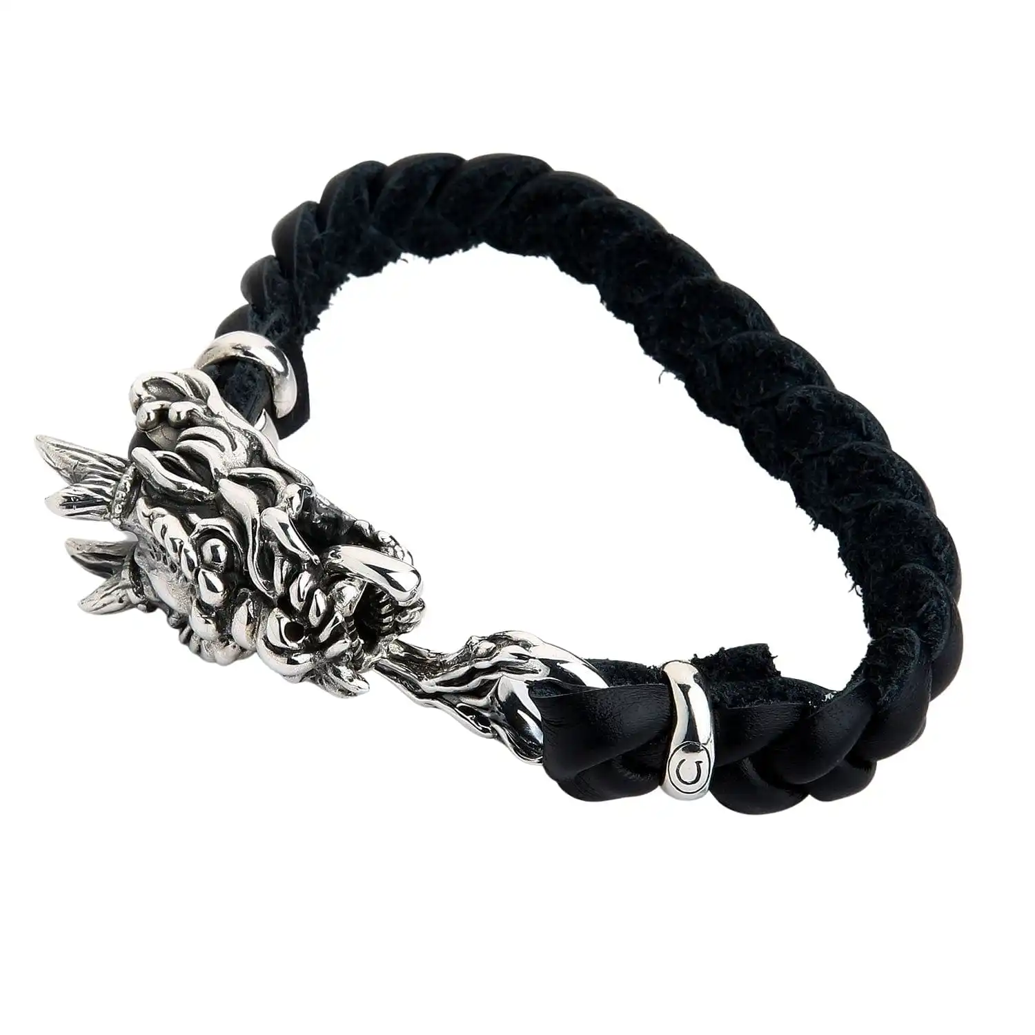 Bikerringshop Silver Dragon Head Leather Chain Bracelet 4 Bikerringshop Silver Dragon Head Leather Chain Bracelet - Image 2
