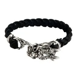 Bikerringshop Silver Dragon Head Leather Chain Bracelet