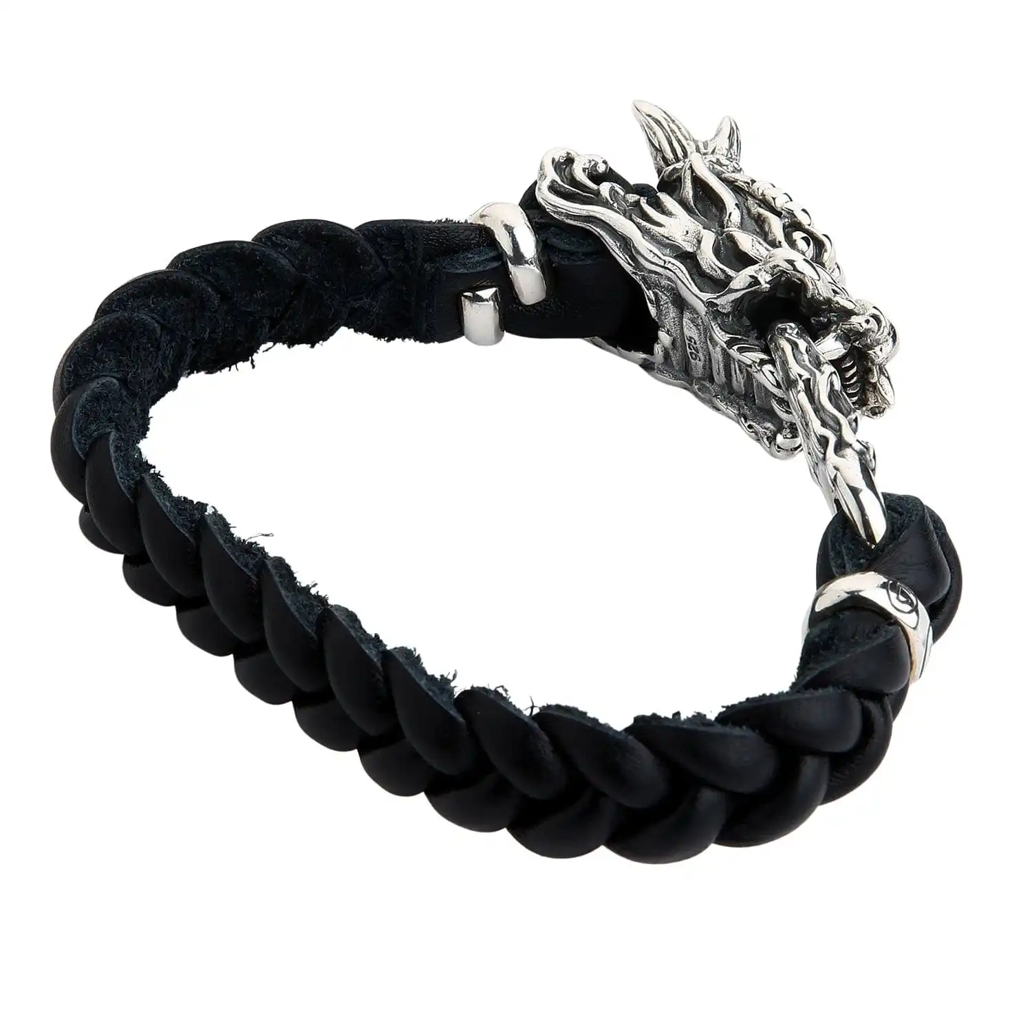 Bikerringshop Silver Dragon Head Leather Chain Bracelet 5 Bikerringshop Silver Dragon Head Leather Chain Bracelet - Image 3