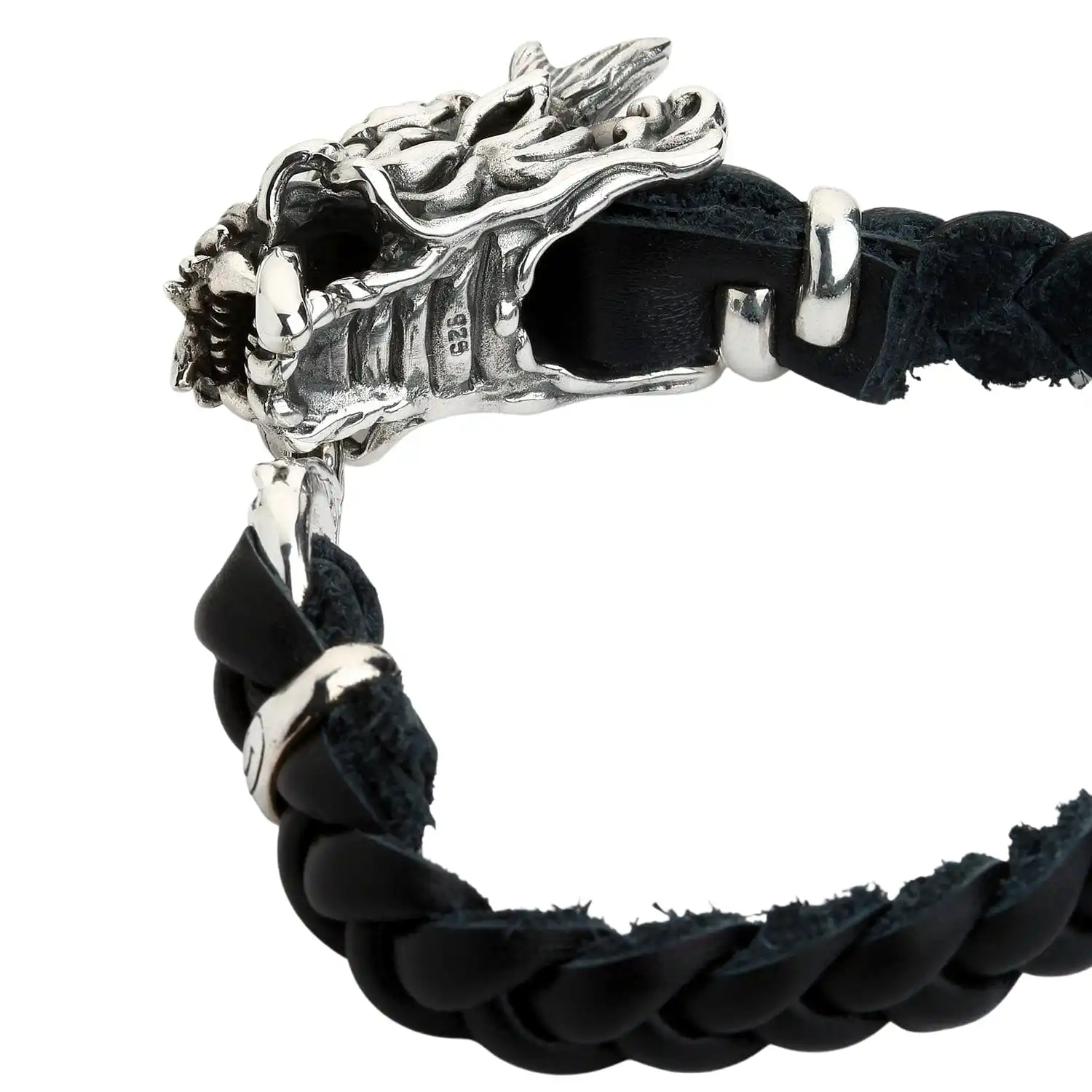 Bikerringshop Silver Dragon Head Leather Chain Bracelet 6 Bikerringshop Silver Dragon Head Leather Chain Bracelet - Image 4