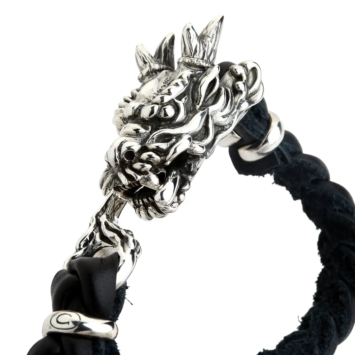 Bikerringshop Silver Dragon Head Leather Chain Bracelet 7 Bikerringshop Silver Dragon Head Leather Chain Bracelet - Image 5