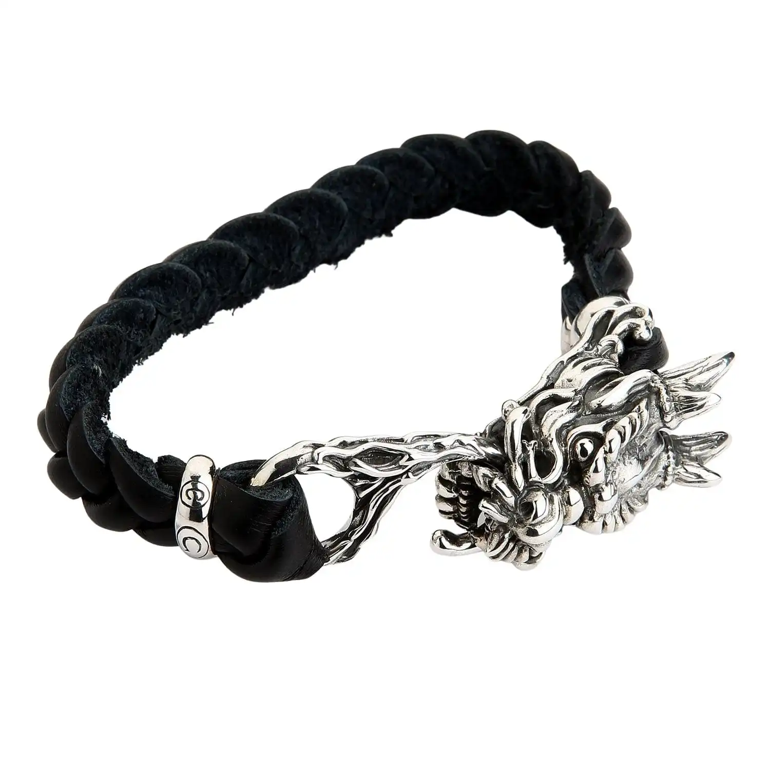 Bikerringshop Silver Dragon Head Leather Chain Bracelet 8 Bikerringshop Silver Dragon Head Leather Chain Bracelet - Image 6