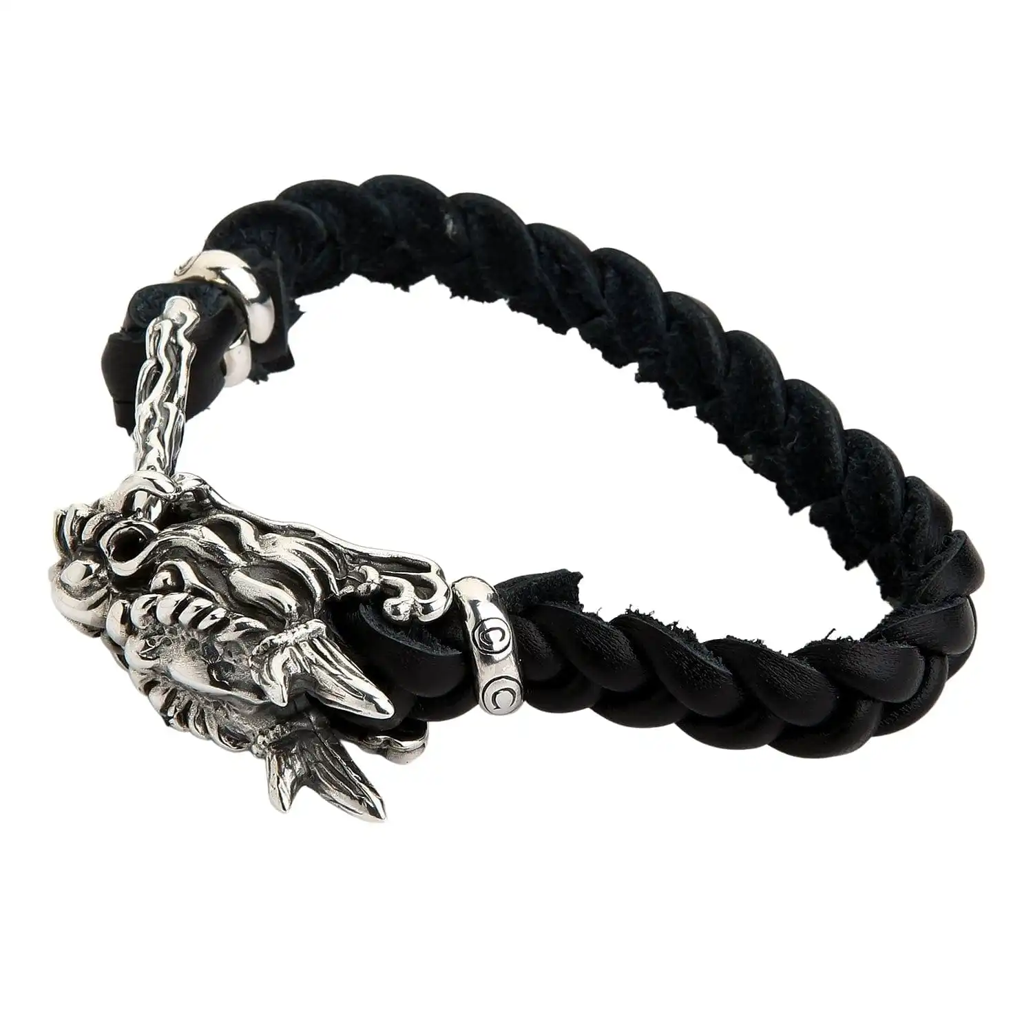 Bikerringshop Silver Dragon Head Leather Chain Bracelet 11 Bikerringshop Silver Dragon Head Leather Chain Bracelet - Image 9