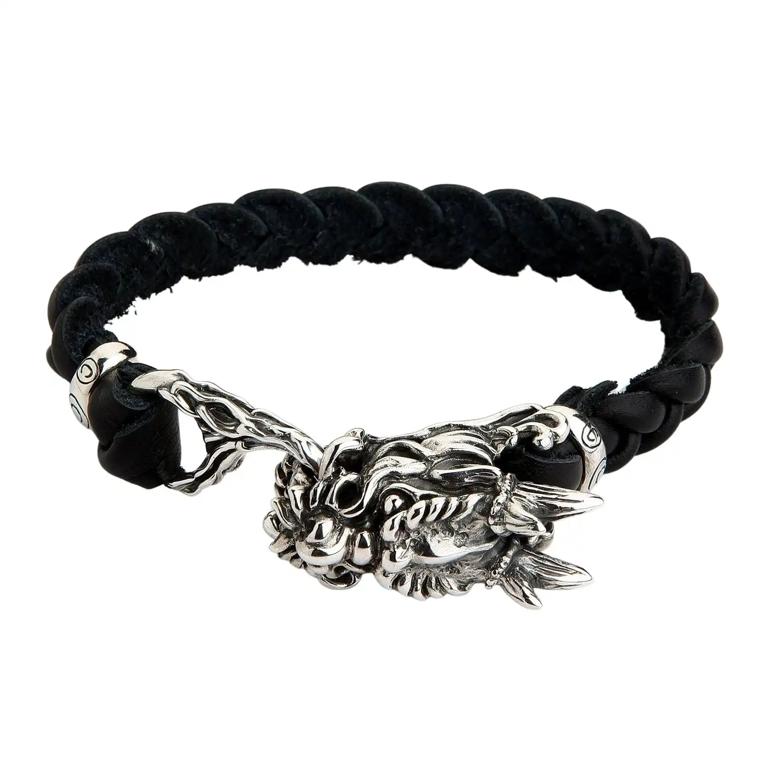 Bikerringshop Silver Dragon Head Leather Chain Bracelet 3 Bikerringshop Silver Dragon Head Leather Chain Bracelet