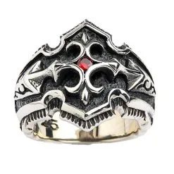 Bikerringshop Sterling Silver Garnet Medieval Knight Cross Mens Ring