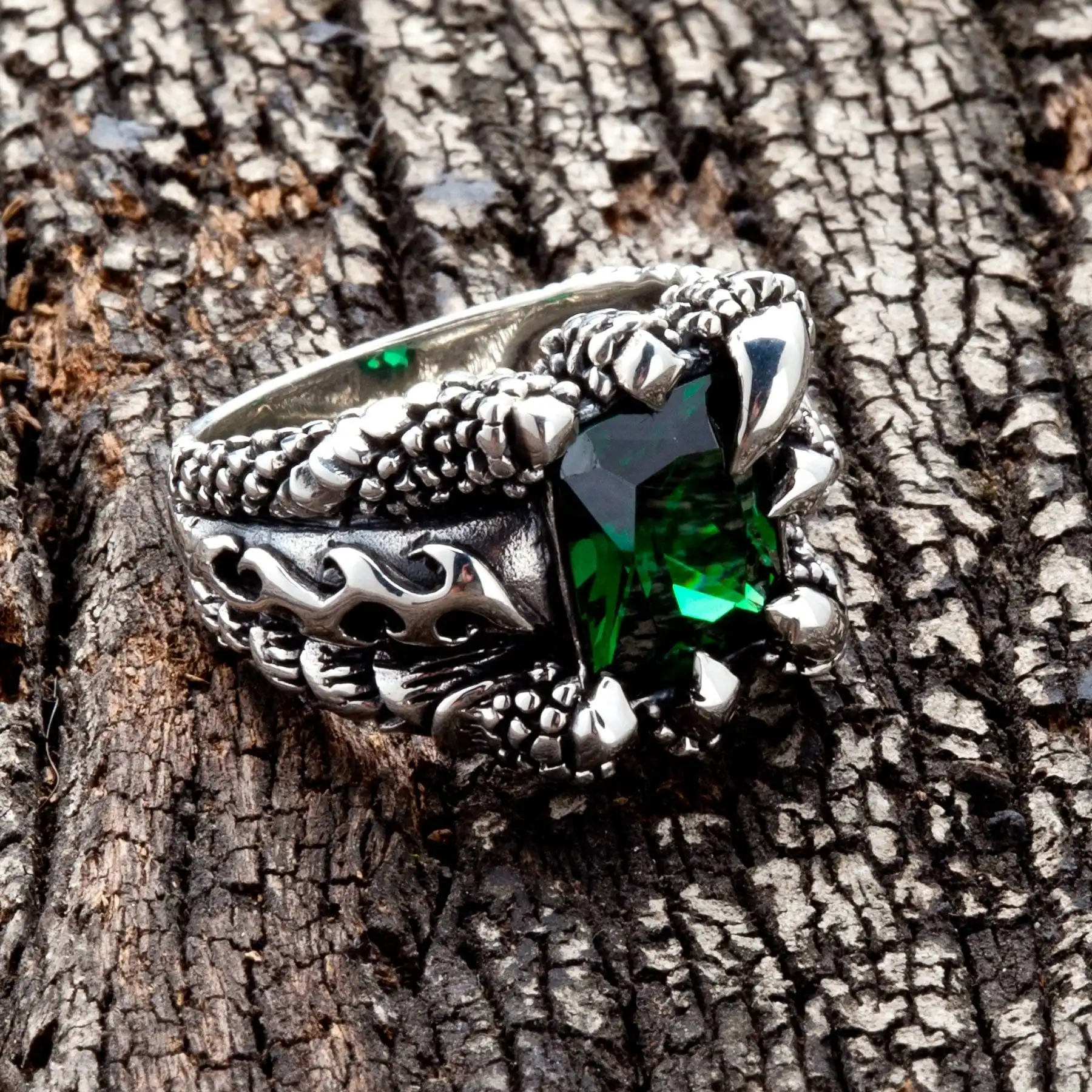 Bikerringshop Emerald Sterling Silver Claw Mens Gothic Ring 4 Bikerringshop Emerald Sterling Silver Claw Mens Gothic Ring - Image 2