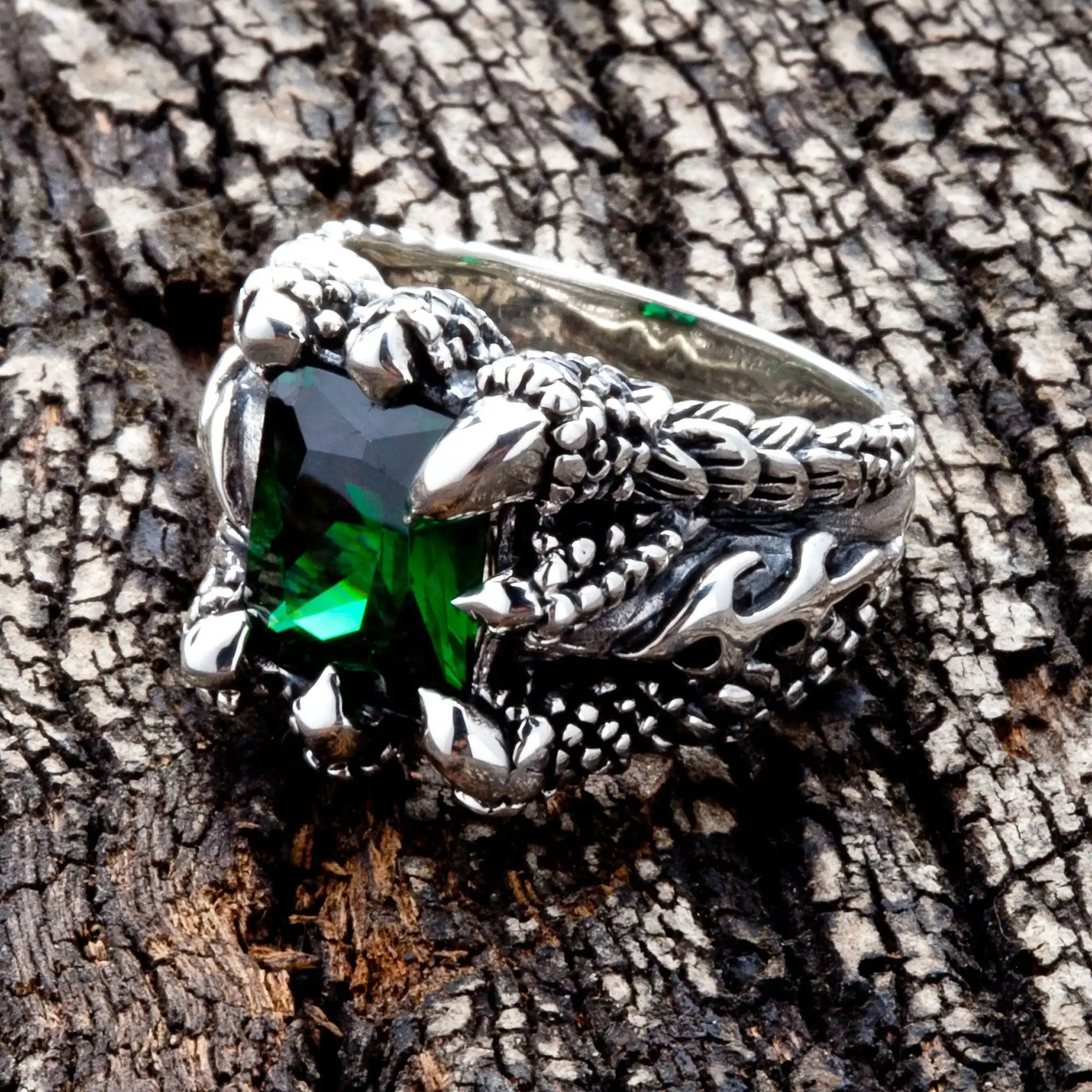 Bikerringshop Emerald Sterling Silver Claw Mens Gothic Ring 3 Bikerringshop Emerald Sterling Silver Claw Mens Gothic Ring