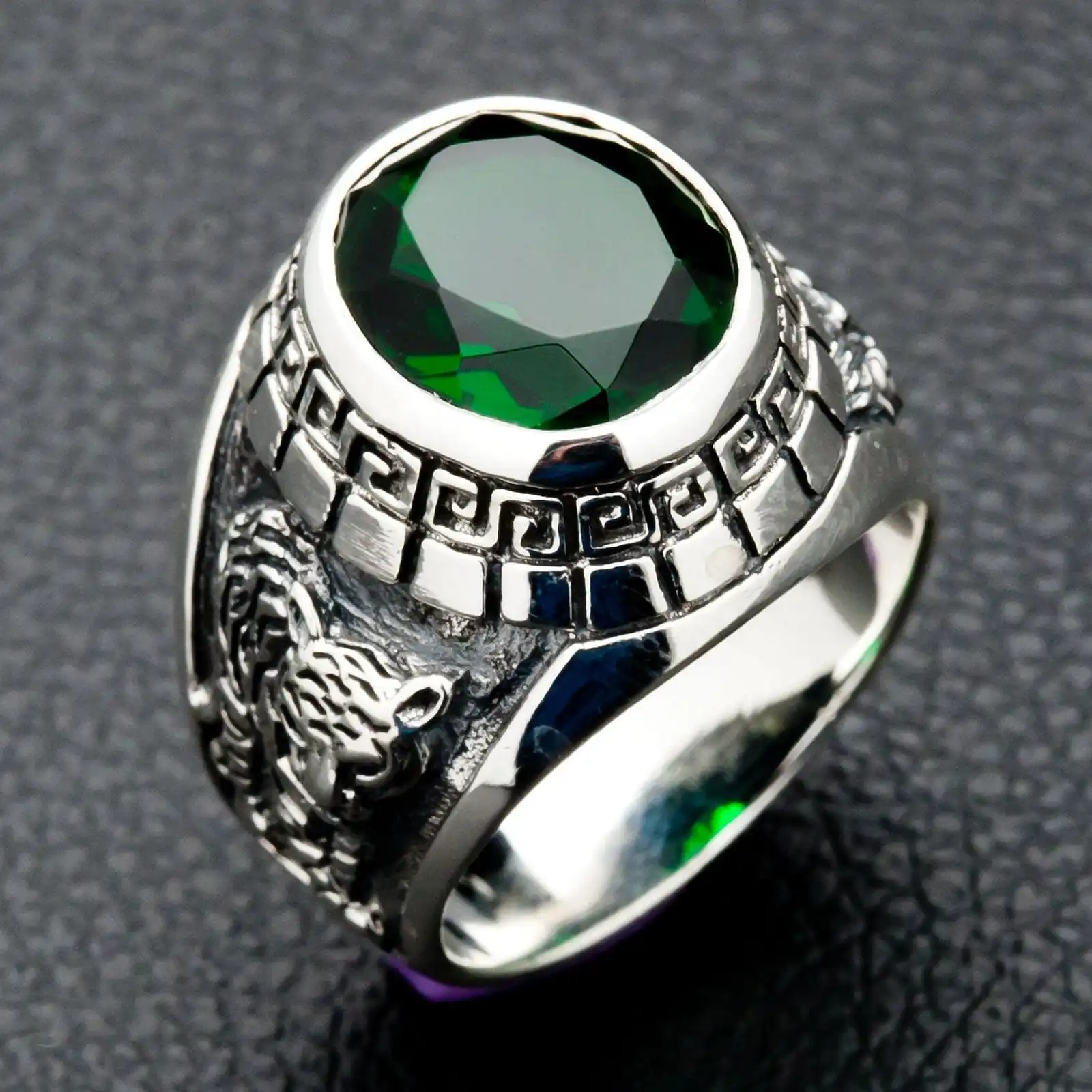 Bikerringshop Sterling Silver Emerald Japanese Tiger Dragon Mens Ring 4 Bikerringshop Sterling Silver Emerald Japanese Tiger Dragon Mens Ring - Image 2