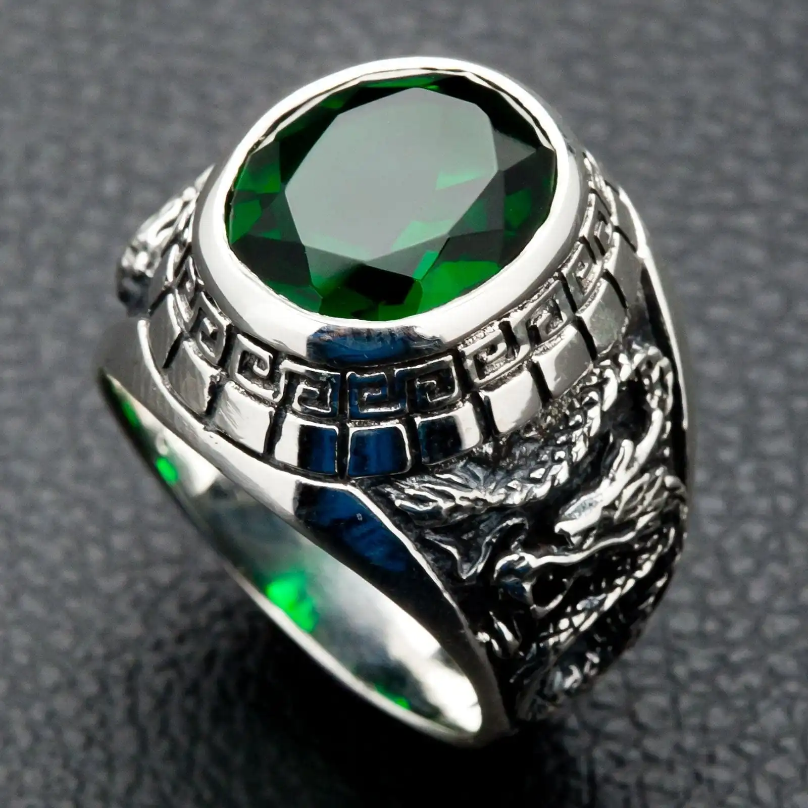 Bikerringshop Sterling Silver Emerald Japanese Tiger Dragon Mens Ring 7 Bikerringshop Sterling Silver Emerald Japanese Tiger Dragon Mens Ring - Image 5