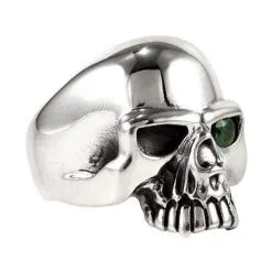 Bikerringshop Sterling Silver Emerald Green Eye Skull Mens Ring