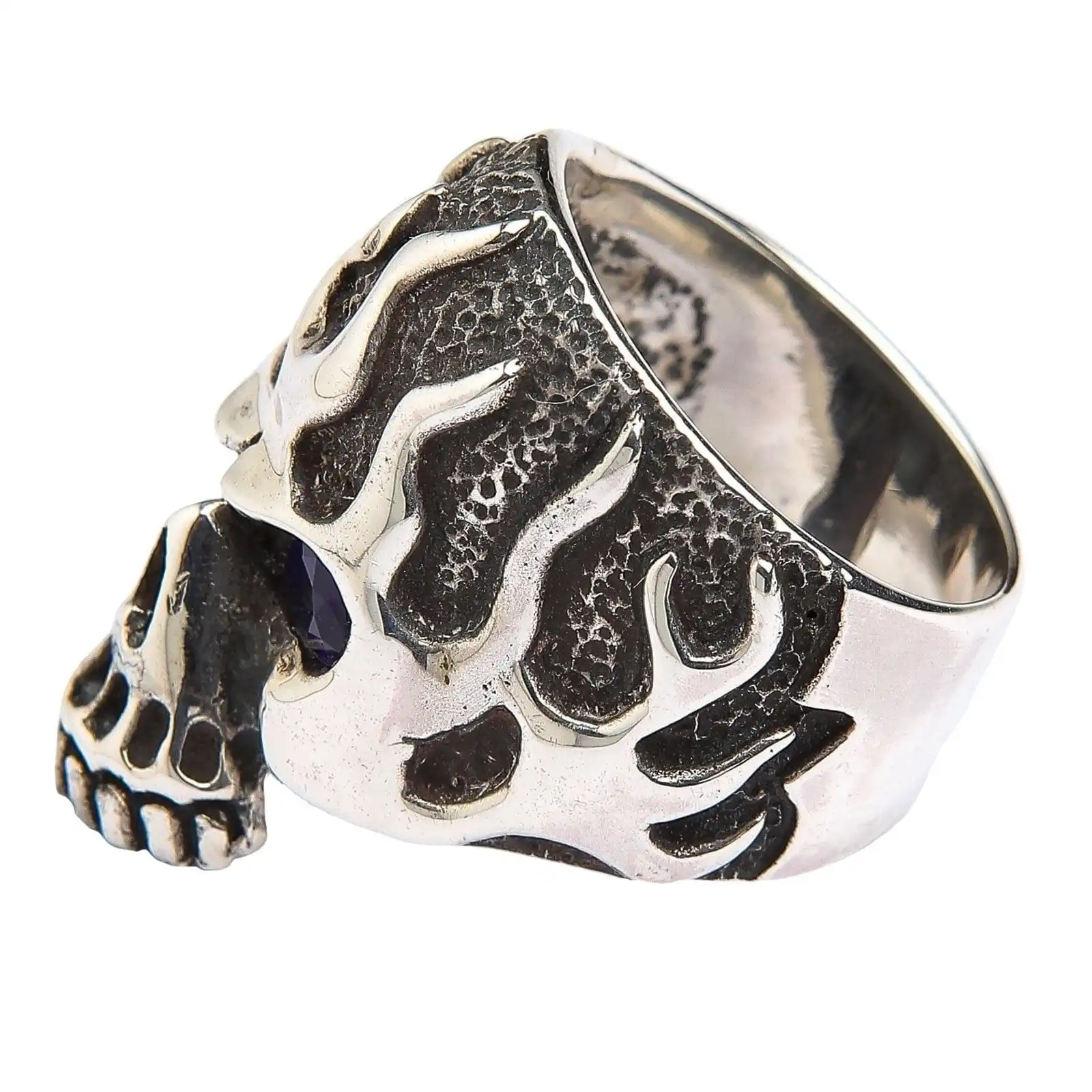 Bikerringshop Sterling Silver Blue Sapphire Eyes Flame Skull Ring 8 Bikerringshop Sterling Silver Blue Sapphire Eyes Flame Skull Ring - Image 6