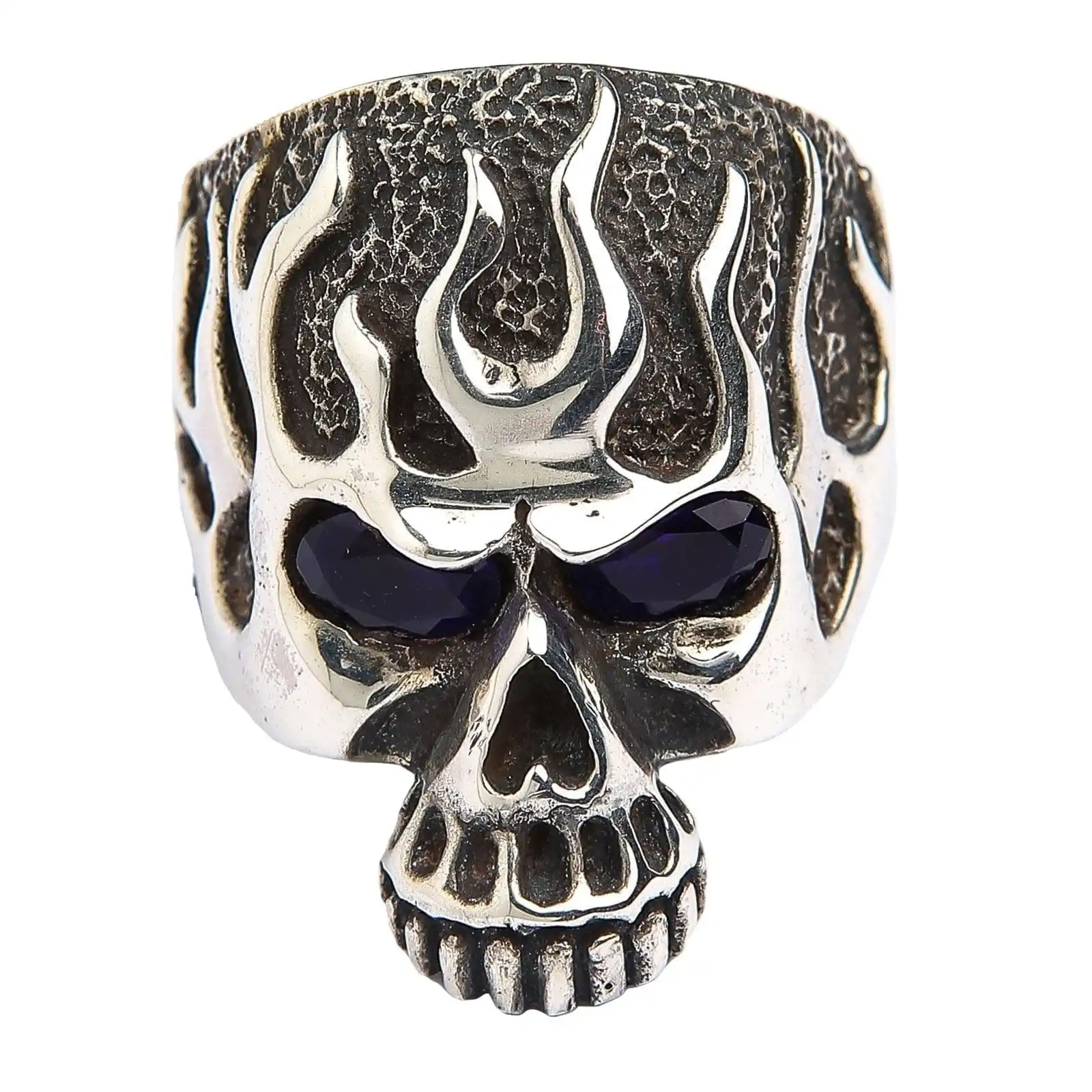Bikerringshop Sterling Silver Blue Sapphire Eyes Flame Skull Ring 5 Bikerringshop Sterling Silver Blue Sapphire Eyes Flame Skull Ring - Image 3