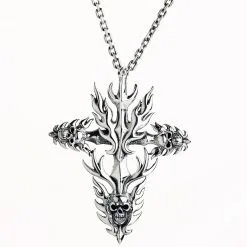 Bikerringshop Sterling Silver Flame Cross Skull Pendant -Outlet Rings Store flame cross skull necklace
