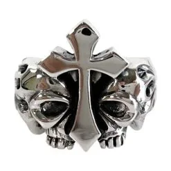 Bikerringshop Sterling Silver Flame Cross Skull Ring