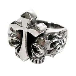 Bikerringshop Sterling Silver Flame Cross Skull Ring -Outlet Rings Store flame cross skull rings 4