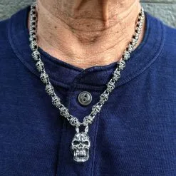 Bikerringshop Flaming Skull Sterling Silver Necklace -Outlet Rings Store flame skull necklace on neck