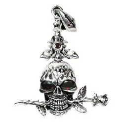 Bikerringshop Sterling Silver Garnet Flaming Skull Pendant