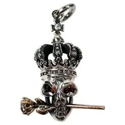 Bikerringshop Sterling Silver Red Eyes Garnet Skull And Rose Gothic Pendant
