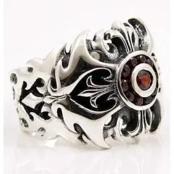 Bikerringshop Silver Garnet Tribal Cross Ring
