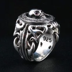 Bikerringshop Sterling Silver Tribal Garnet Skull Gothic Ring