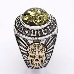 Bikerringshop Green Amber Mexican Skull Gothic Mens Ring -Outlet Rings Store green amber mens ring 16