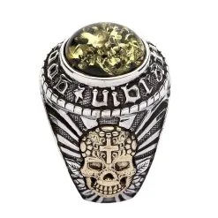 Bikerringshop Green Amber Mexican Skull Gothic Mens Ring