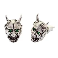 Bikerringshop Green Eyes Japanese Skull Oni Mask Earrings