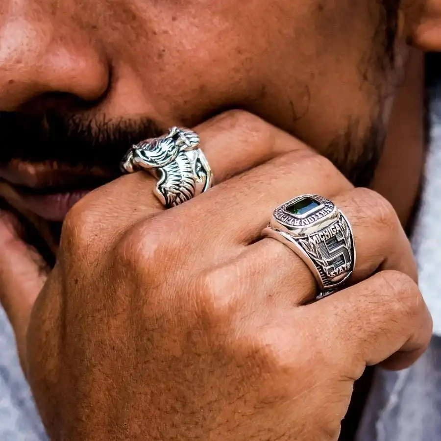 Bikerringshop Emerald Green Stone Sterling Silver Men's Sport Ring 5 Bikerringshop Emerald Green Stone Sterling Silver Men's Sport Ring - Image 3