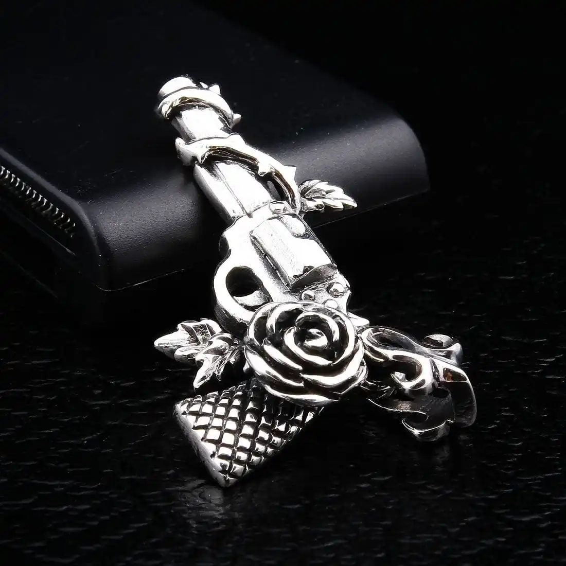 Bikerringshop Sterling Silver Gun And Rose Cowboy Pendant 3 Bikerringshop Sterling Silver Gun And Rose Cowboy Pendant