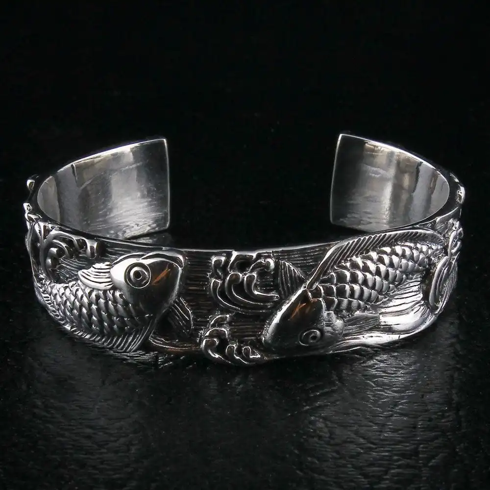 Bikerringshop Sterling Silver Koi Bangle Cuff Bracelet 6 Bikerringshop Sterling Silver Koi Bangle Cuff Bracelet - Image 4