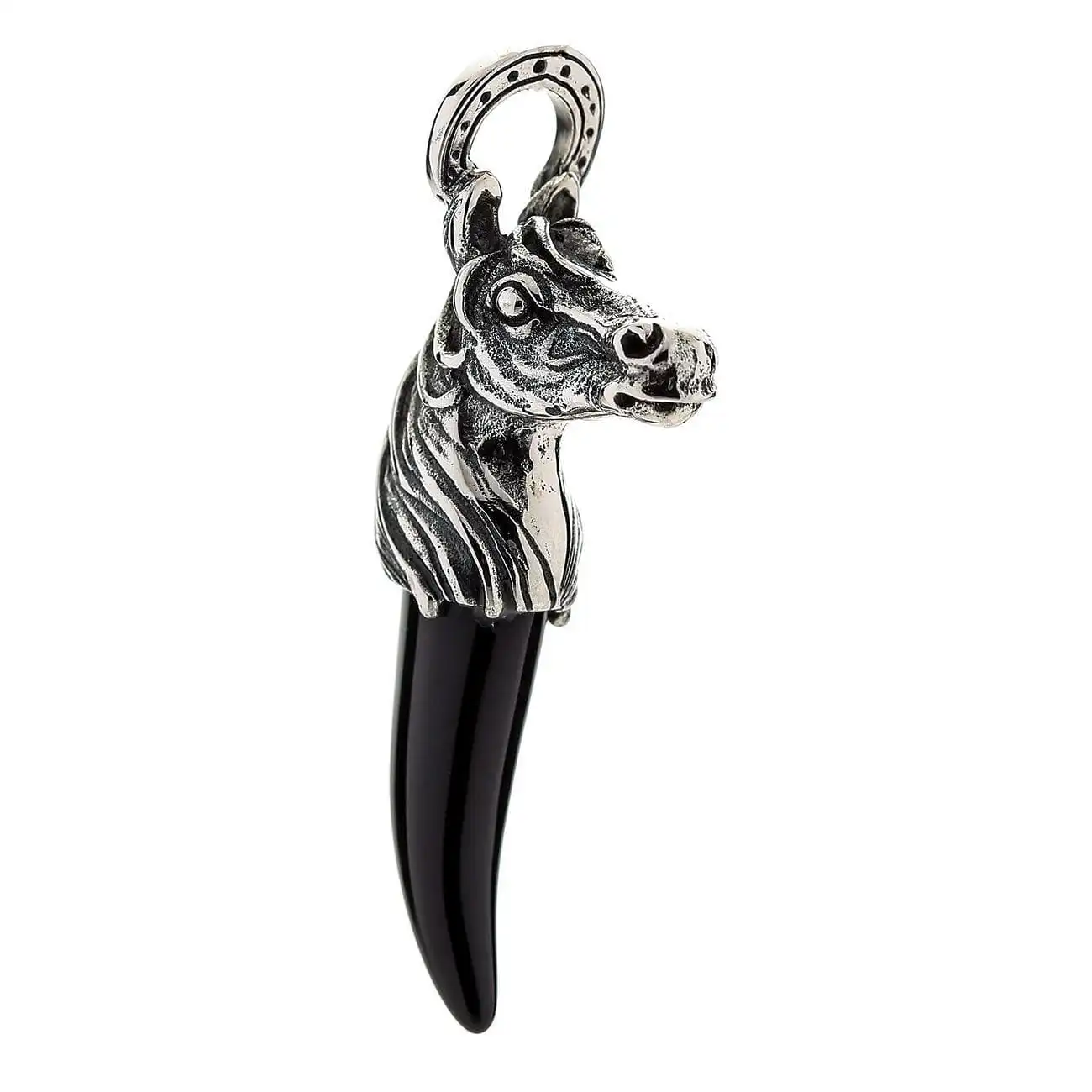 Bikerringshop Silver Horse Black Onyx Fang Pendant Necklace 11 Bikerringshop Silver Horse Black Onyx Fang Pendant Necklace - Image 9