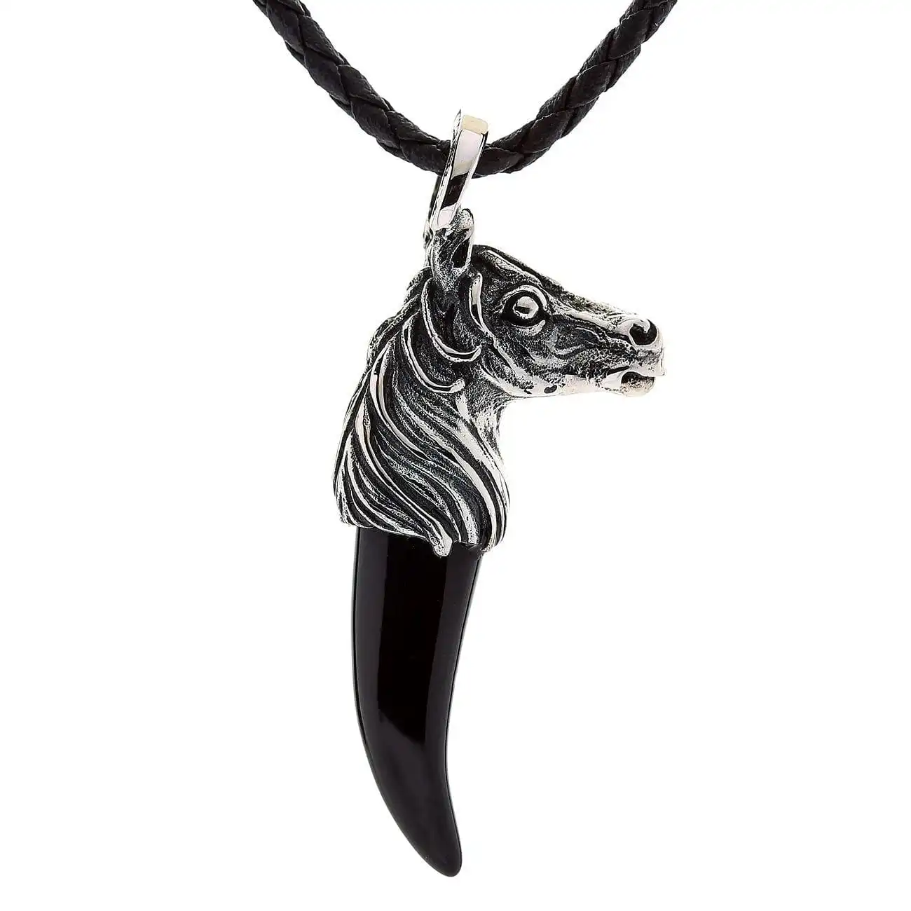 Bikerringshop Silver Horse Black Onyx Fang Pendant Necklace 4 Bikerringshop Silver Horse Black Onyx Fang Pendant Necklace - Image 2