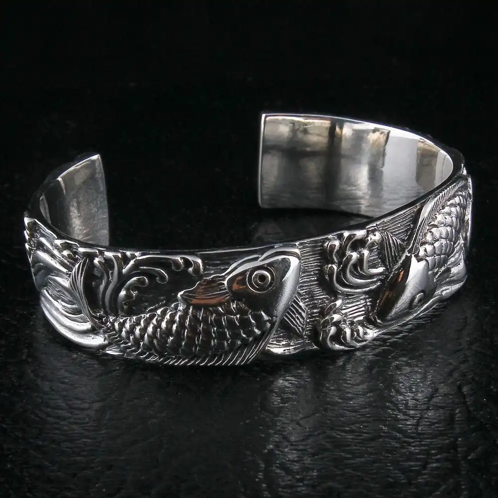 Bikerringshop Sterling Silver Koi Bangle Cuff Bracelet 7 Bikerringshop Sterling Silver Koi Bangle Cuff Bracelet - Image 5