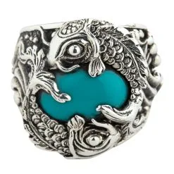 Bikerringshop Sterling Silver Japanese Koi Fish Turquoise Mens Ring