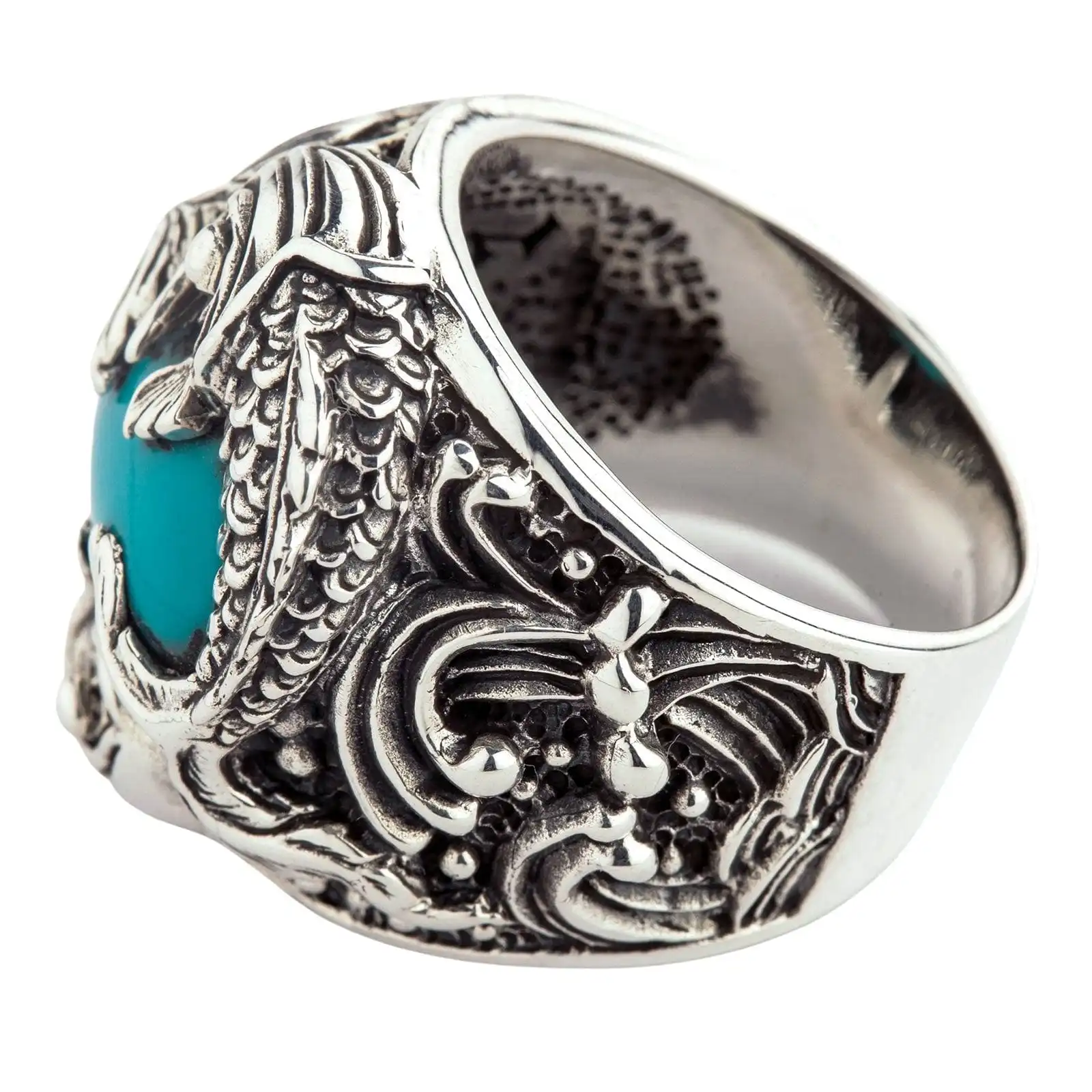 Bikerringshop Sterling Silver Japanese Koi Fish Turquoise Mens Ring 7 Bikerringshop Sterling Silver Japanese Koi Fish Turquoise Mens Ring - Image 5